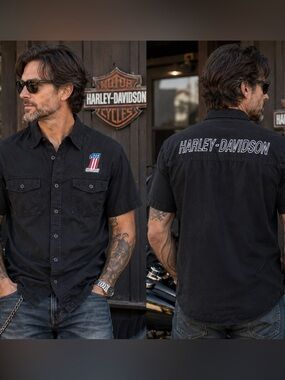 Harley Davidson Medium Black Patch Logo Mechanic button down collared shirt